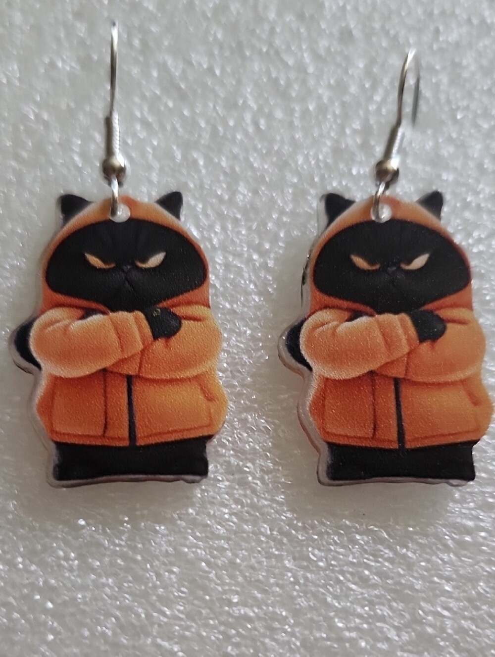 Hand Crafted Black Cat Earrings with Orange Hoodie
